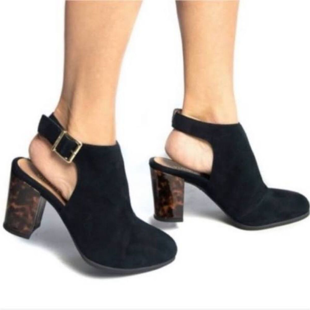 Vionic Heels Black Suede Lacey Tortoise Heel Ankle Strap Shoes 7.5